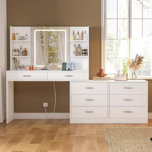 65.9" Large Vanity Table Set with Lights and Mirror & 8 Drawers & Open Shelves Dressing Table for Bedroom Furniture Storage Cosmetics Dream Vanity