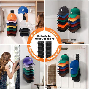 2 Pack Hat Organizer for Baseball Caps, Hat Rack for Wall with Strong Adhesive, Wall Mounted Hat Hooks Hold up to 16 Hats for Closet Door and Bedroom (12.6X2.3 Inch)