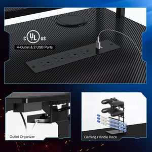 Gaming Desk 55INCH with RGB Mouse Pad & Power Outlet, Carbon Fiber Surface Gamer Desk with Monitor Stand, Ergonomic Y Shaped Gamer Table with Cup Holder, Headphone Hook, Outlet Organizer