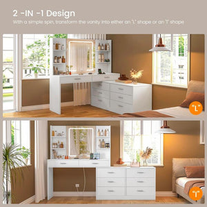65.9" Large Vanity Table Set with Lights and Mirror & 8 Drawers & Open Shelves Dressing Table for Bedroom Furniture Storage Cosmetics Dream Vanity