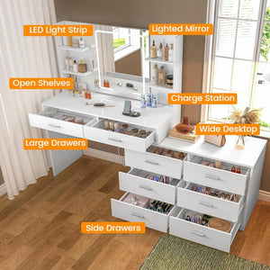 65.9" Large Vanity Table Set with Lights and Mirror & 8 Drawers & Open Shelves Dressing Table for Bedroom Furniture Storage Cosmetics Dream Vanity