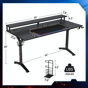 Gaming Desk 55INCH with RGB Mouse Pad & Power Outlet, Carbon Fiber Surface Gamer Desk with Monitor Stand, Ergonomic Y Shaped Gamer Table with Cup Holder, Headphone Hook, Outlet Organizer