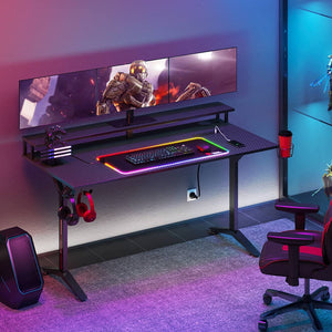 Gaming Desk 55INCH with RGB Mouse Pad & Power Outlet, Carbon Fiber Surface Gamer Desk with Monitor Stand, Ergonomic Y Shaped Gamer Table with Cup Holder, Headphone Hook, Outlet Organizer