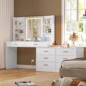 65.9" Large Vanity Table Set with Lights and Mirror & 8 Drawers & Open Shelves Dressing Table for Bedroom Furniture Storage Cosmetics Dream Vanity