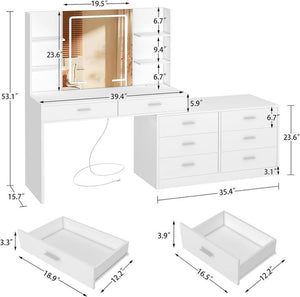 65.9" Large Vanity Table Set with Lights and Mirror & 8 Drawers & Open Shelves Dressing Table for Bedroom Furniture Storage Cosmetics Dream Vanity