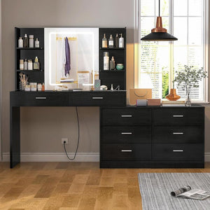 65.9" Large Vanity Table Set with Lights and Mirror & 8 Drawers & Open Shelves Dressing Table for Bedroom Furniture Storage Cosmetics Dream Vanity