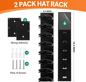 2 Pack Hat Organizer for Baseball Caps, Hat Rack for Wall with Strong Adhesive, Wall Mounted Hat Hooks Hold up to 16 Hats for Closet Door and Bedroom (12.6X2.3 Inch)