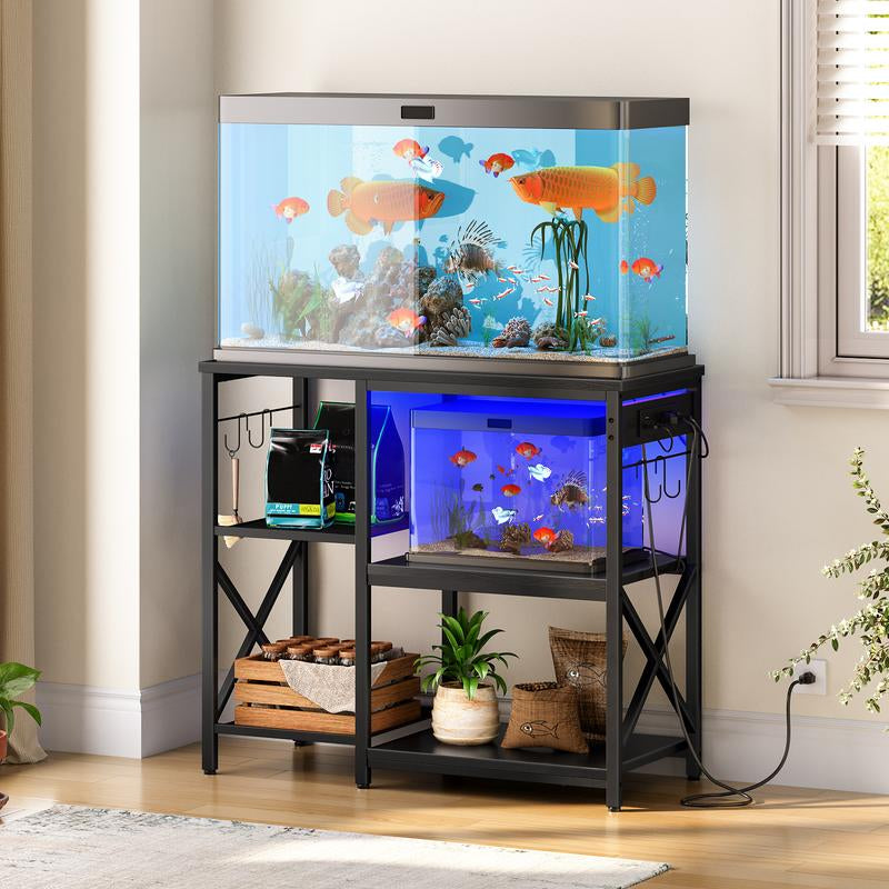 【Fathersdaygift】Hoobro Fish Tank Stand with Power Outlets and LED Light，Aquarium Stand with Storage Shelves，35.4" L X 15.7" W, Reptile Tank Stand with Stable Metal Frame, Black#Springtok