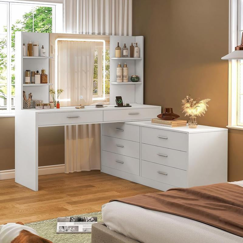 65.9" Large Vanity Table Set with Lights and Mirror & 8 Drawers & Open Shelves Dressing Table for Bedroom Furniture Storage Cosmetics Dream Vanity