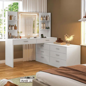 65.9" Large Vanity Table Set with Lights and Mirror & 8 Drawers & Open Shelves Dressing Table for Bedroom Furniture Storage Cosmetics Dream Vanity