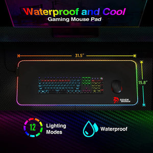 Gaming Desk 55INCH with RGB Mouse Pad & Power Outlet, Carbon Fiber Surface Gamer Desk with Monitor Stand, Ergonomic Y Shaped Gamer Table with Cup Holder, Headphone Hook, Outlet Organizer